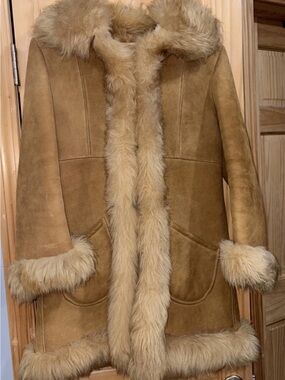 Vintage Ardney Suede Lamb Coat Brown Genuine Shearling Fur Trim Women Size Mediu